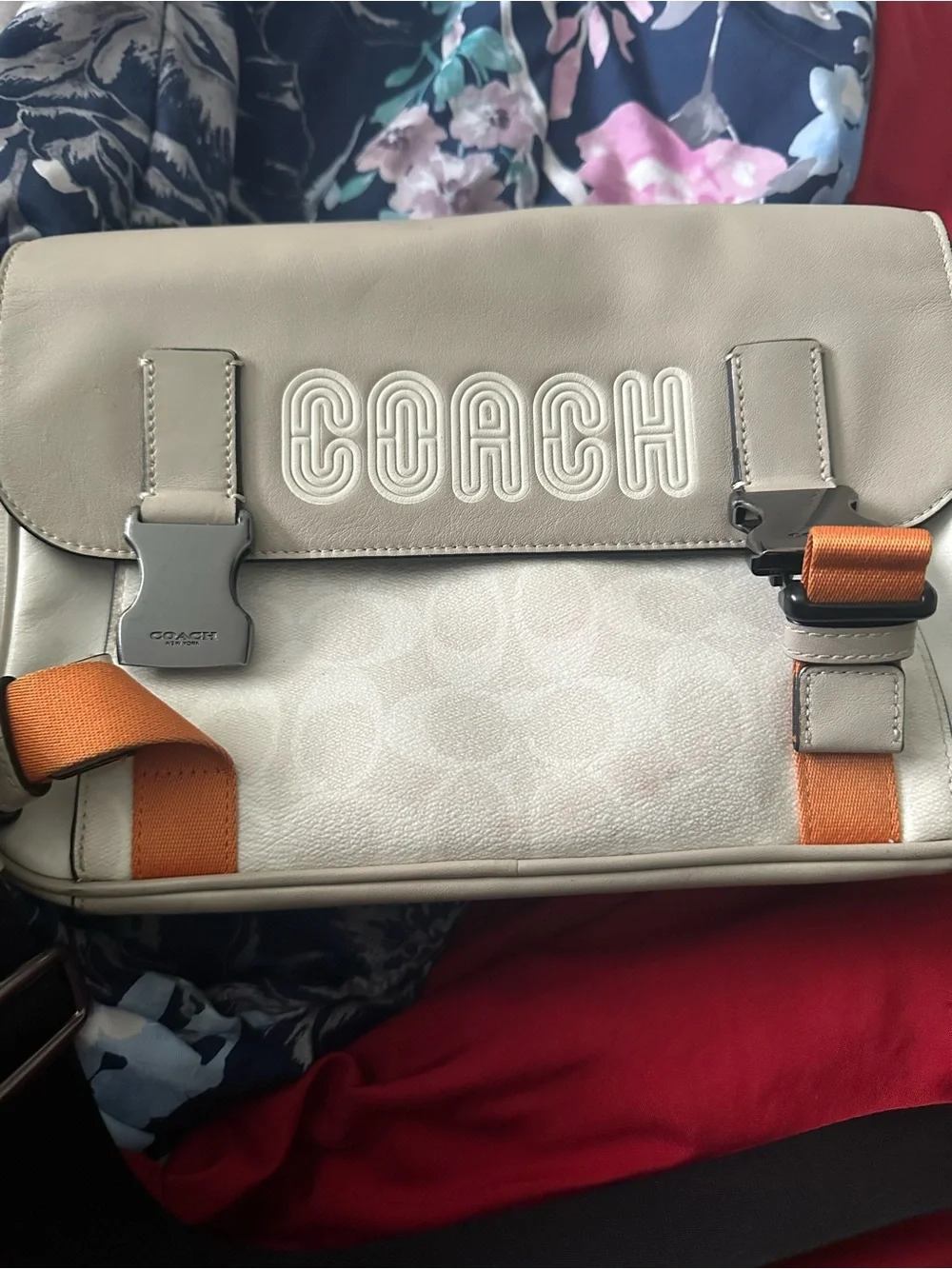 COACH Men's Messenger Bag in Light Taupe with Orange Straps